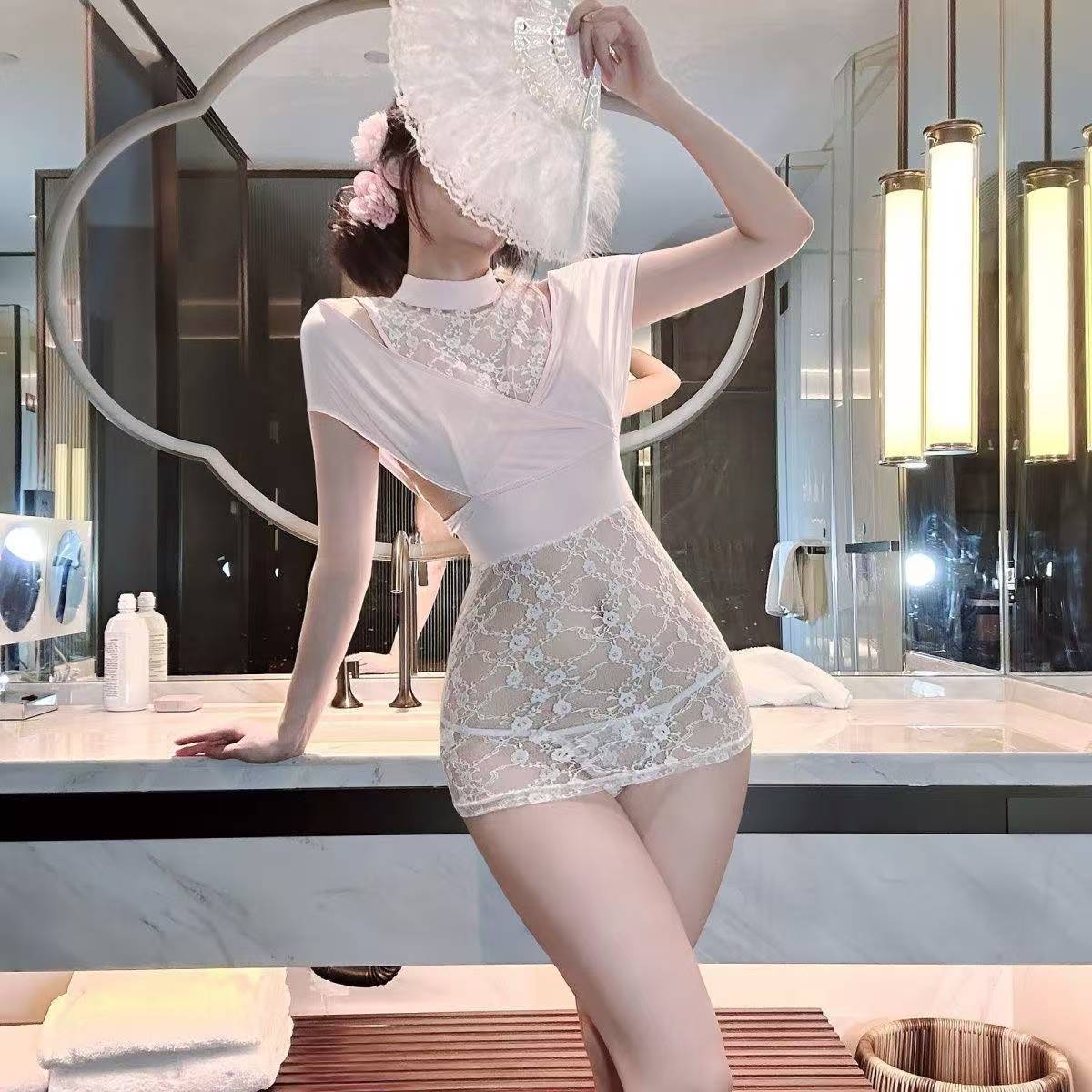 See-Through Lace Cheongsam-Style Lingerie Dress with Stand Collar, One Size - Image 4