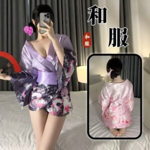 Japanese Kimono Cosplay Lingerie Set with Pink Robe and Body Stocking, Polyester, One Size