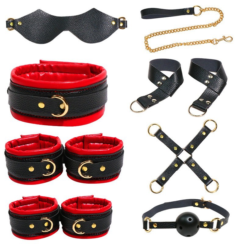 8-Piece Faux Leather Bondage Set with Metal Handcuffs, Black Adult Couple Kit - Image 3
