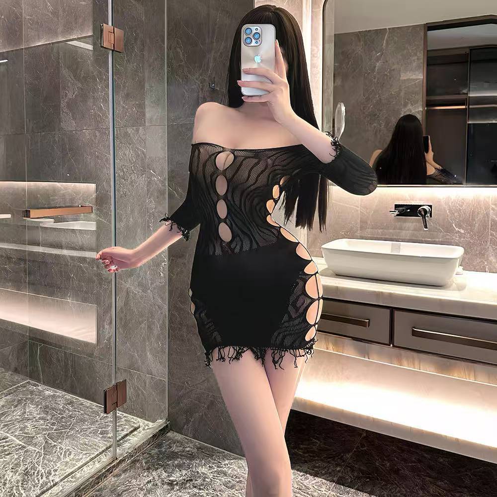 One-Shoulder See-Through Mesh Mini Dress, Long-Sleeve Open-Crotch Lingerie, White One Size - Image 2