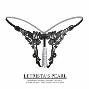 Women's Embroidered Open-Crotch Tart Trousers with Pearl Detail and Free Thong