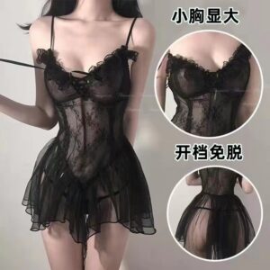 Women's Lace Mesh Perspective Nightgown with Sling and Open-Crotch Detail, Black, One Size