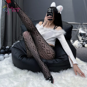 Hand-Torn Black Lace Stockings, Sheer Mesh Intimate Pantyhose, One Size Women's Lingerie