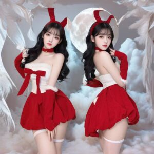 Velvet Strapless Bunny Costume Dress with Ears, Gloves and Neck Ring