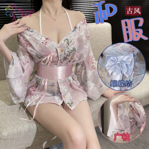 Japanese Print Kimono Three-Piece Lingerie Set with Robe, Belt and Thong