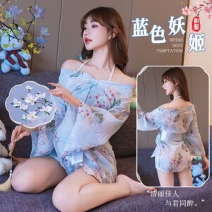 Japanese-Style Kimono Robe with Sweet Bow Detail, Sheer Polyester Sleepwear