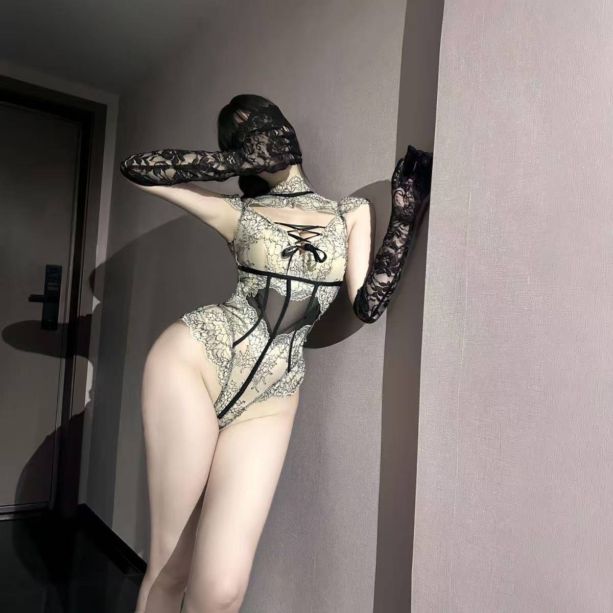 French-Style Roleplay Bodysuit Set with Stockings, Gloves and Blindfold - Image 4