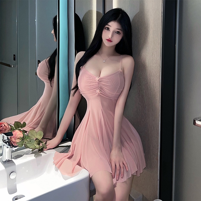 Women's Tulle Babydoll Nightdress Set with Backless Design and Matching Panty - Image 3