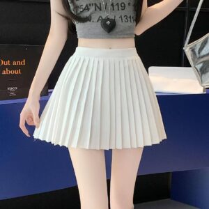 High-Waisted Pleated Mini Skirt with Built-in Safety Shorts, Black A-line Office Style