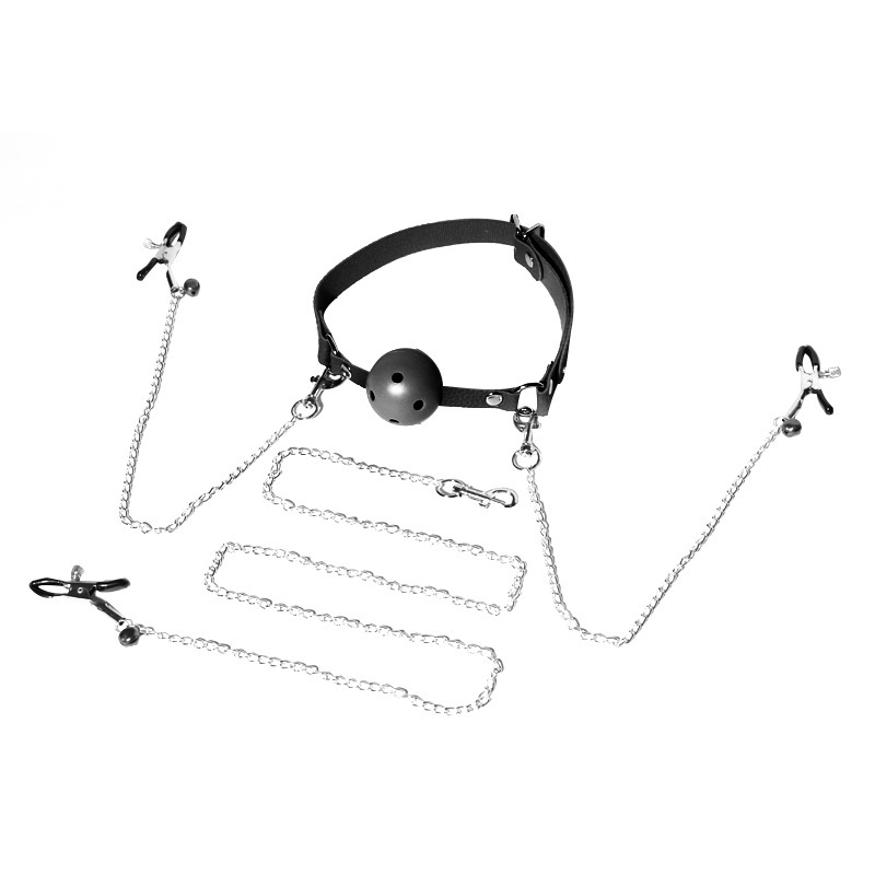 SM Mouth Gag and Nipple Clamp Set in Black Metal and Leather for Adult Couples - Image 5