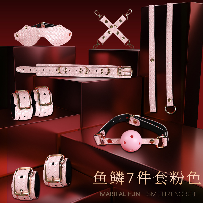 SM Fish Scale 7-Piece Bondage Kit with Nipple Clamps and Handcuffs in Black PU Leather - Image 4