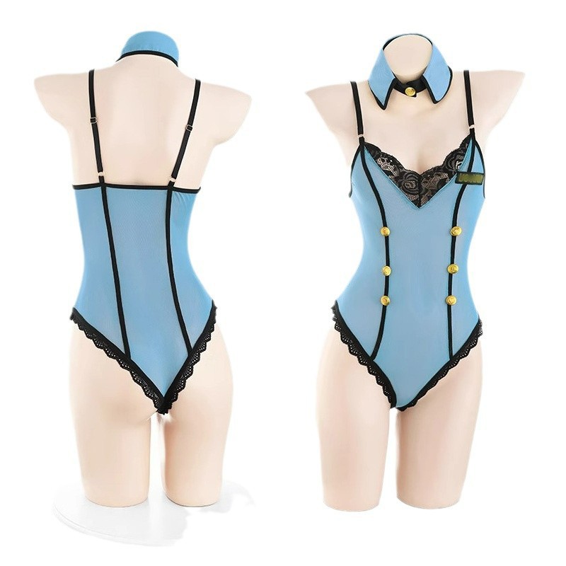 Crotchless See-Through Policewoman Costume Jumpsuit with Hat, One Size, Black Polyester - Image 5