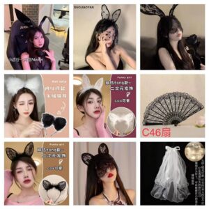Lace Cat & Rabbit Ears Headband Set, Cute Halloween Headdress with Sexy Veil