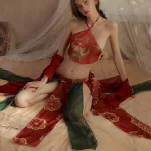 Sexy Hanfu Bellyband Nightgown Set with Shawl, Mesh Skirt and Thong