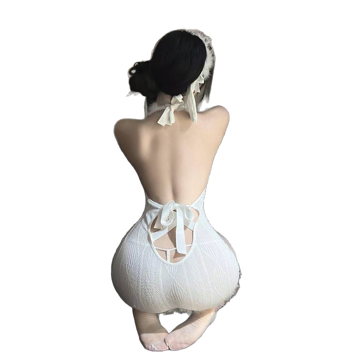 Bunny Girl Roleplay Lingerie Set with Halter Deep V Plush Dress and Stockings - Image 5