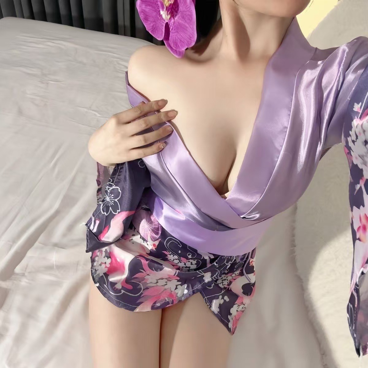 Japanese Kimono Cosplay Lingerie Set with Pink Robe and Body Stocking, Polyester, One Size - Image 3