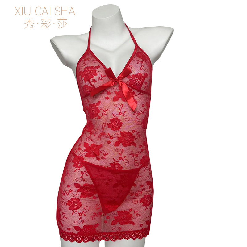 Red Lace Suspender Nightgown Set with Thong and Open-Crotch Stockings, See-Through Babydoll Sleepwear - Image 5