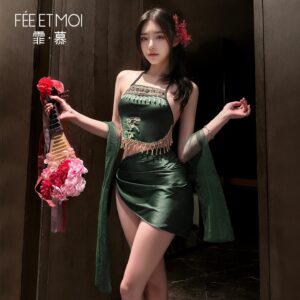 Feimu Qixi Embroidered Bellyband Lingerie Set with Open-Butt T-Back, Tulle Skirt and Veil