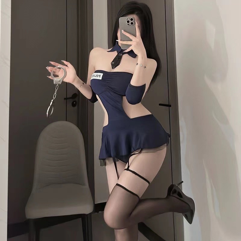 Police Officer Roleplay Lingerie Set with Stockings and Hat, One Size - Image 2