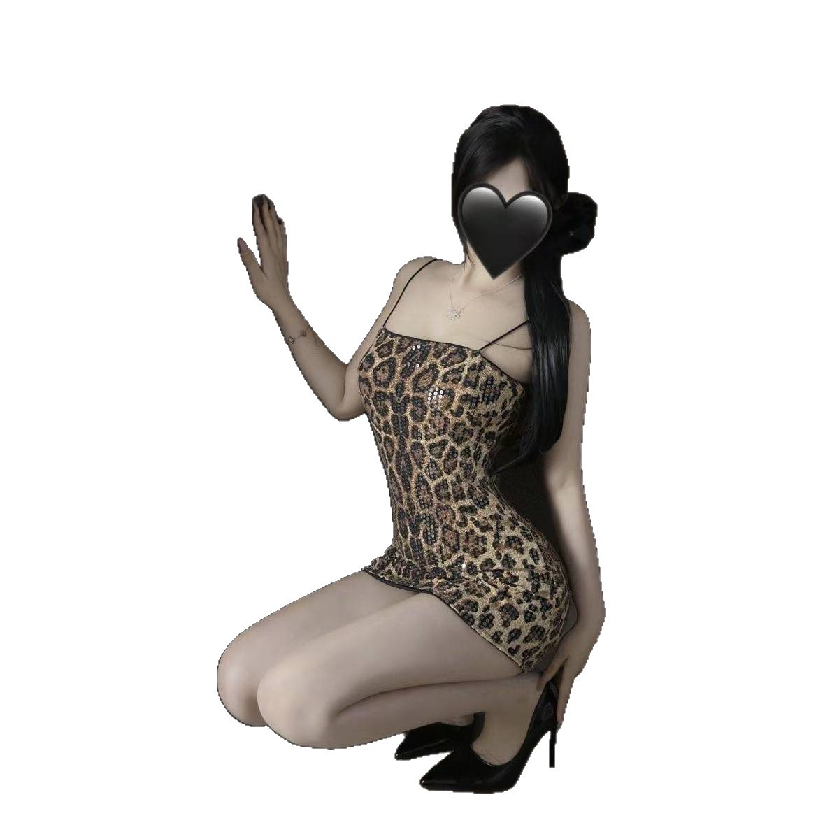 Leopard Print Sequin Roleplay Dress with Spaghetti Straps, Backless High-Waisted Mini Skirt - Image 5
