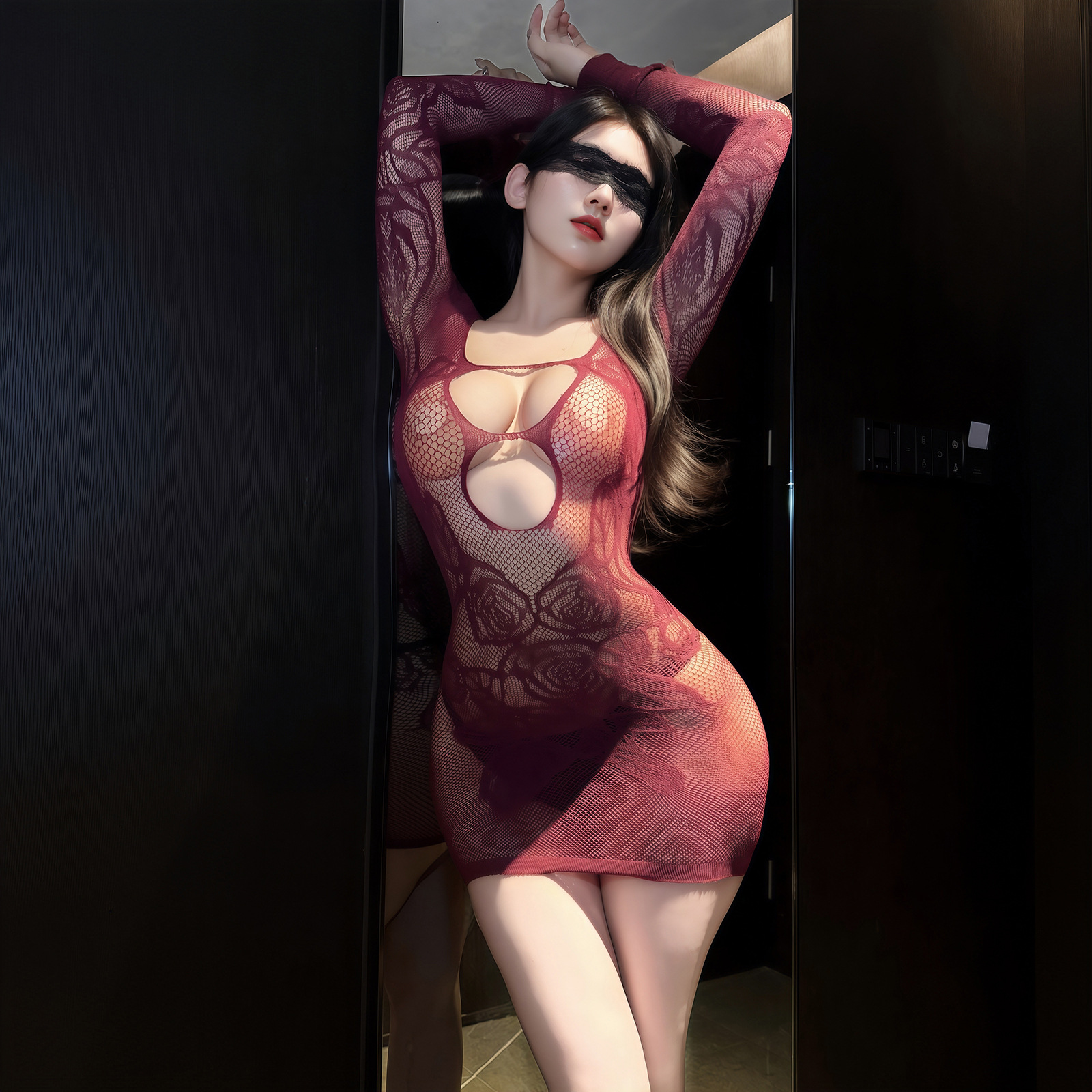 Sheer Mesh Open-Crotch Bodysuit with Stockings, No-Take-Off Design, Dark Purple - Image 4