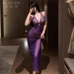 Deep V Lace Mesh Babydoll Nightgown with Suspenders and Bow, Purple One Size