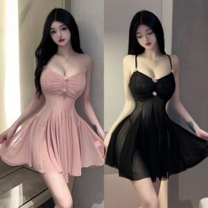 Women's Tulle Babydoll Nightdress Set with Backless Design and Matching Panty