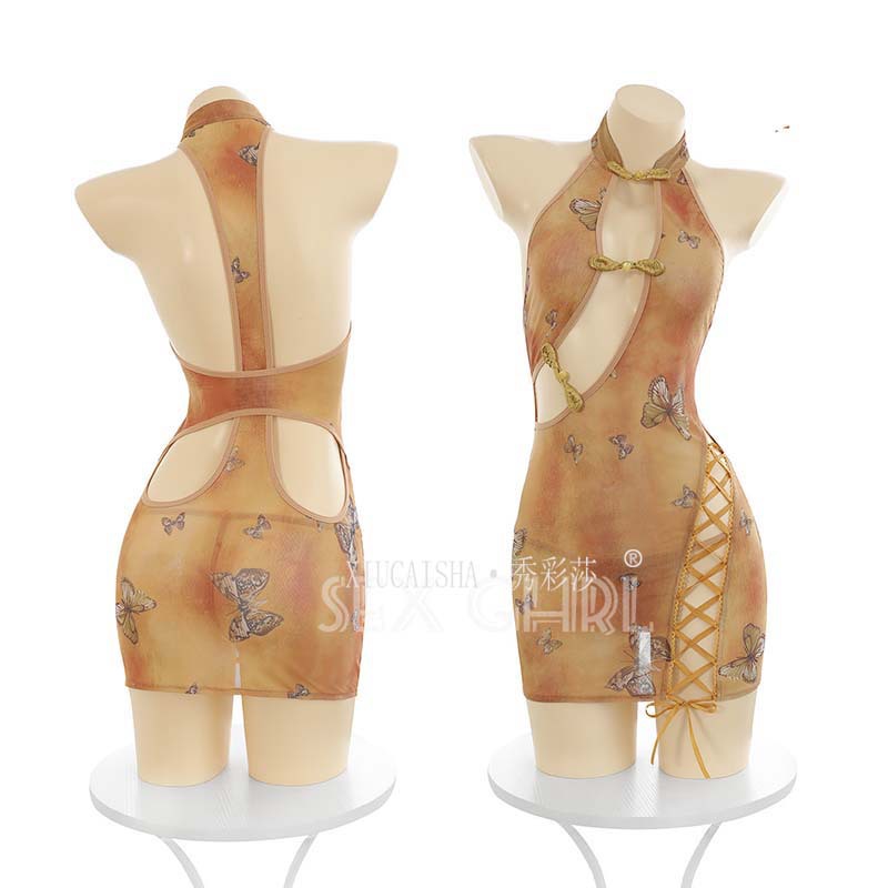 Backless Lace Cheongsam Role-Play Lingerie Dress, One-Piece Slim Fit, Brown - Image 5