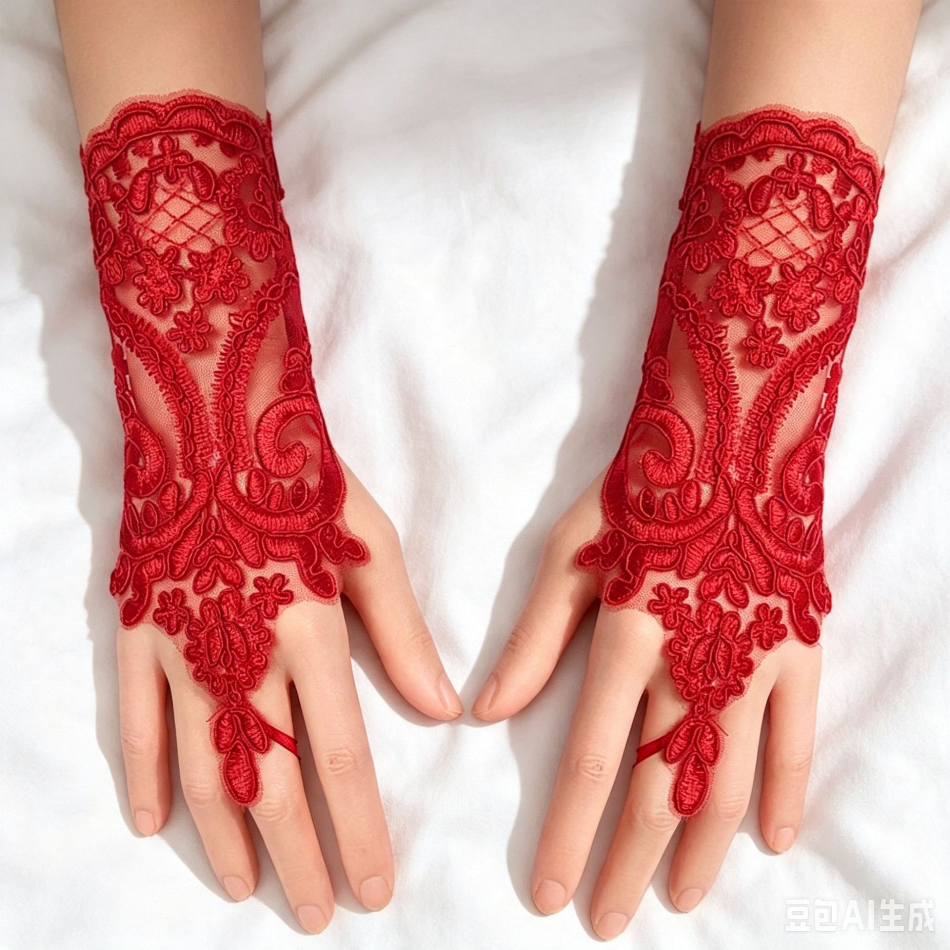 Short Floral Fingerless Gloves for Women, Bridal & Party Costume Accessory, Red - Image 2