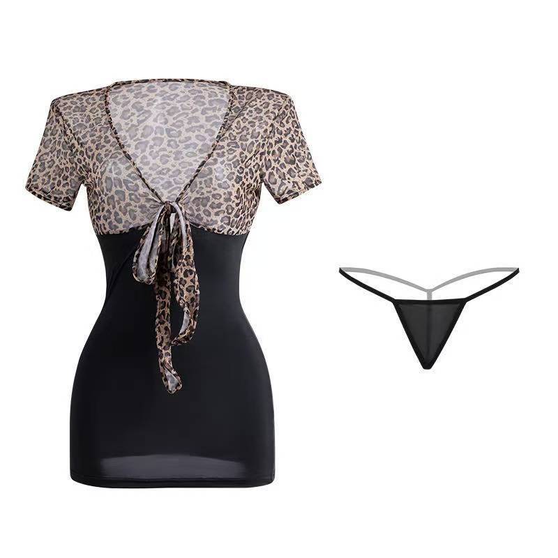 Leopard Print Deep V Lingerie Set with Lace-Up Top and Hip-Hugging Mini Skirt, One-Size Women's Costume - Image 4
