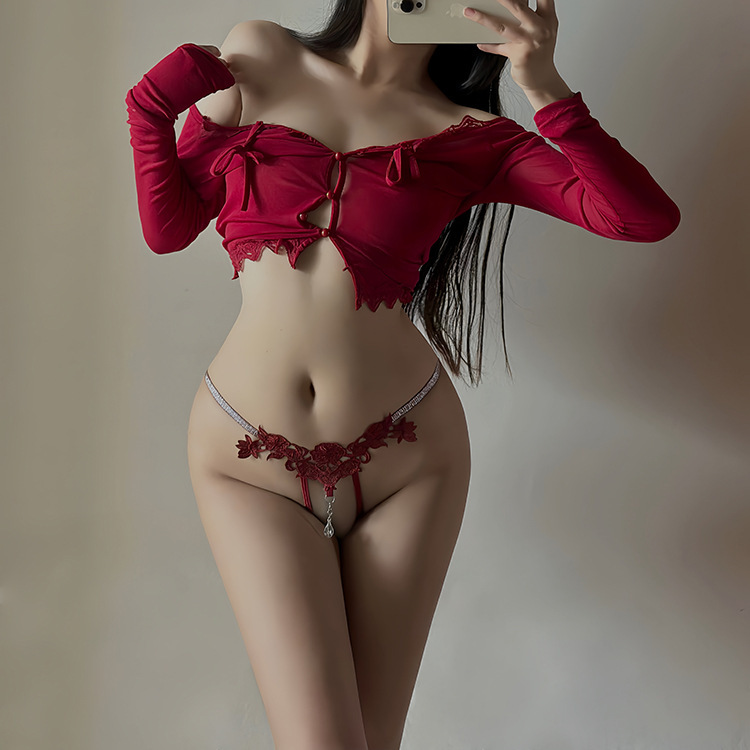 Women's Rhinestone Embroidered Hollow Thong in Wine Red, One Size - Image 3
