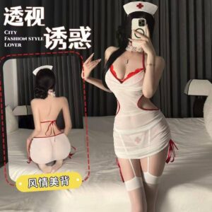 Nurse Role Play Lingerie Set with Hip Skirt and White Stockings