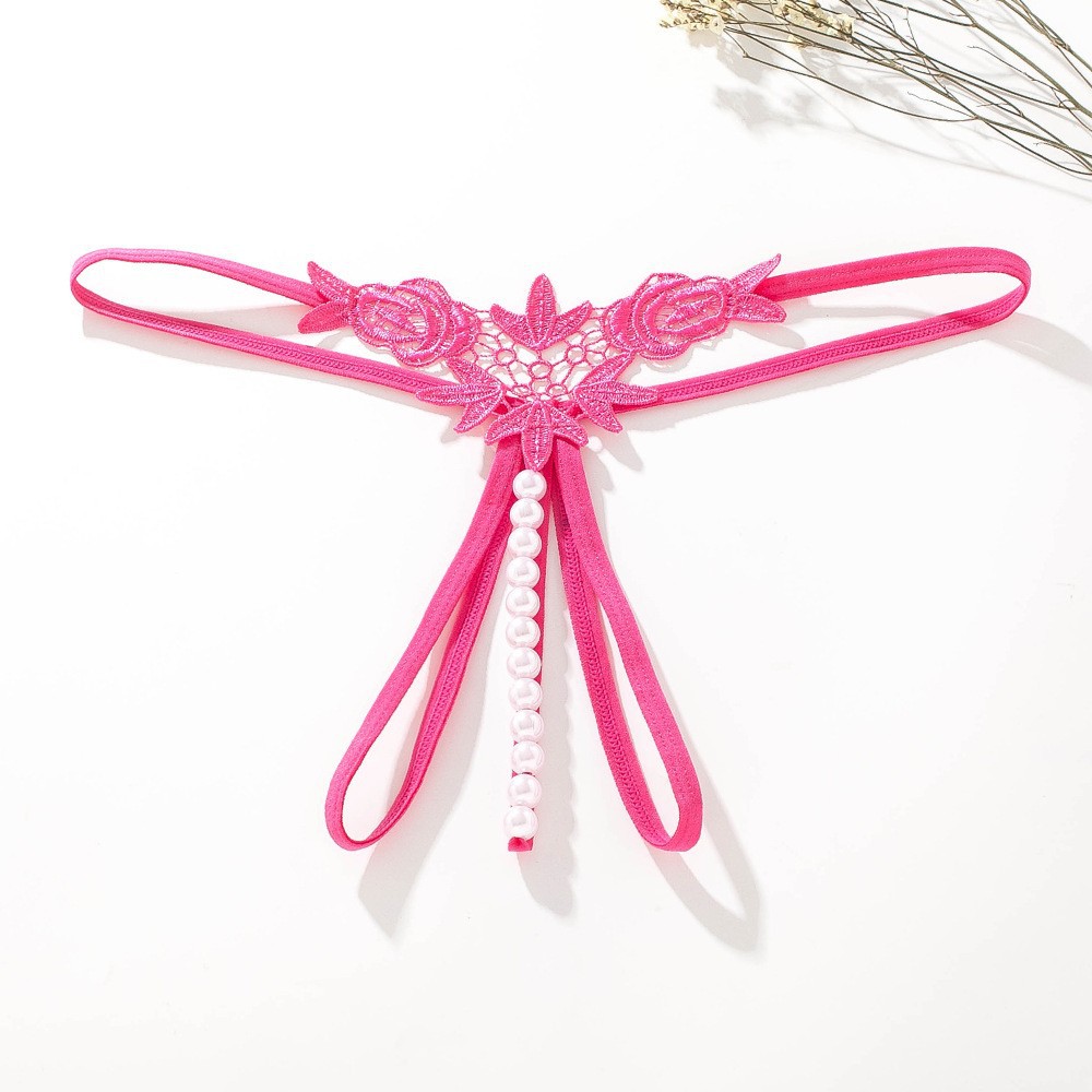 Women's Hollow Embroidered Thong with Pearl Detail and Open Crotch, Blue, One Size - Image 3