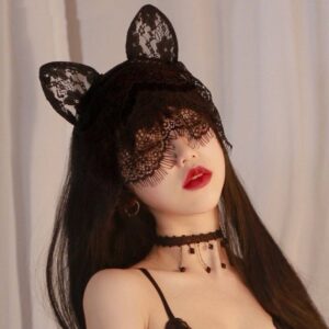 Lace Cat Ear Headband with Semi-Face Eye Mask and Mesh Face Cover, Red
