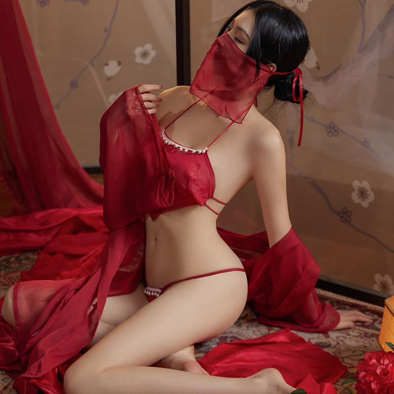 Hanfu-Inspired Chiffon Lingerie Set with Robe, Belly Wrap, Thong and Veil - Image 4