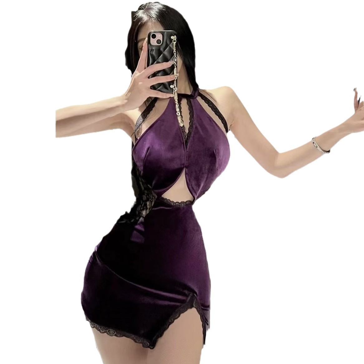 Hollow-Out Halter Cheongsam Costume Set with Purple Stockings, Polyester Uniform Pajamas - Image 5