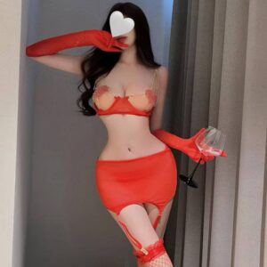 Women's Red Mesh Lingerie Set with Gloves and Stockings, See-Through Open-Bust Design
