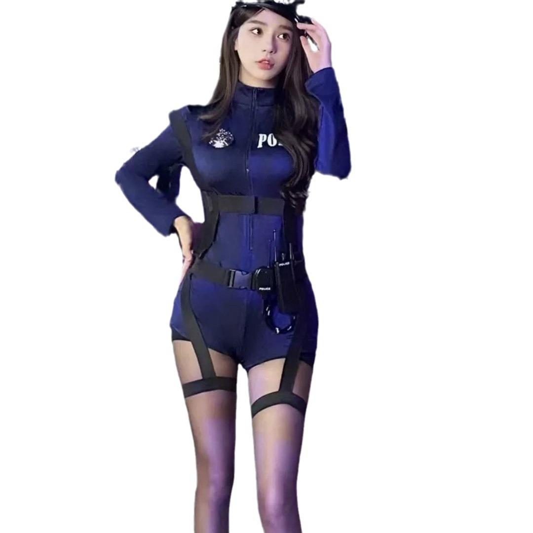Sexy Policewoman Cosplay Uniform Set with Hat, Tight Jumpsuit, One Size - Image 5