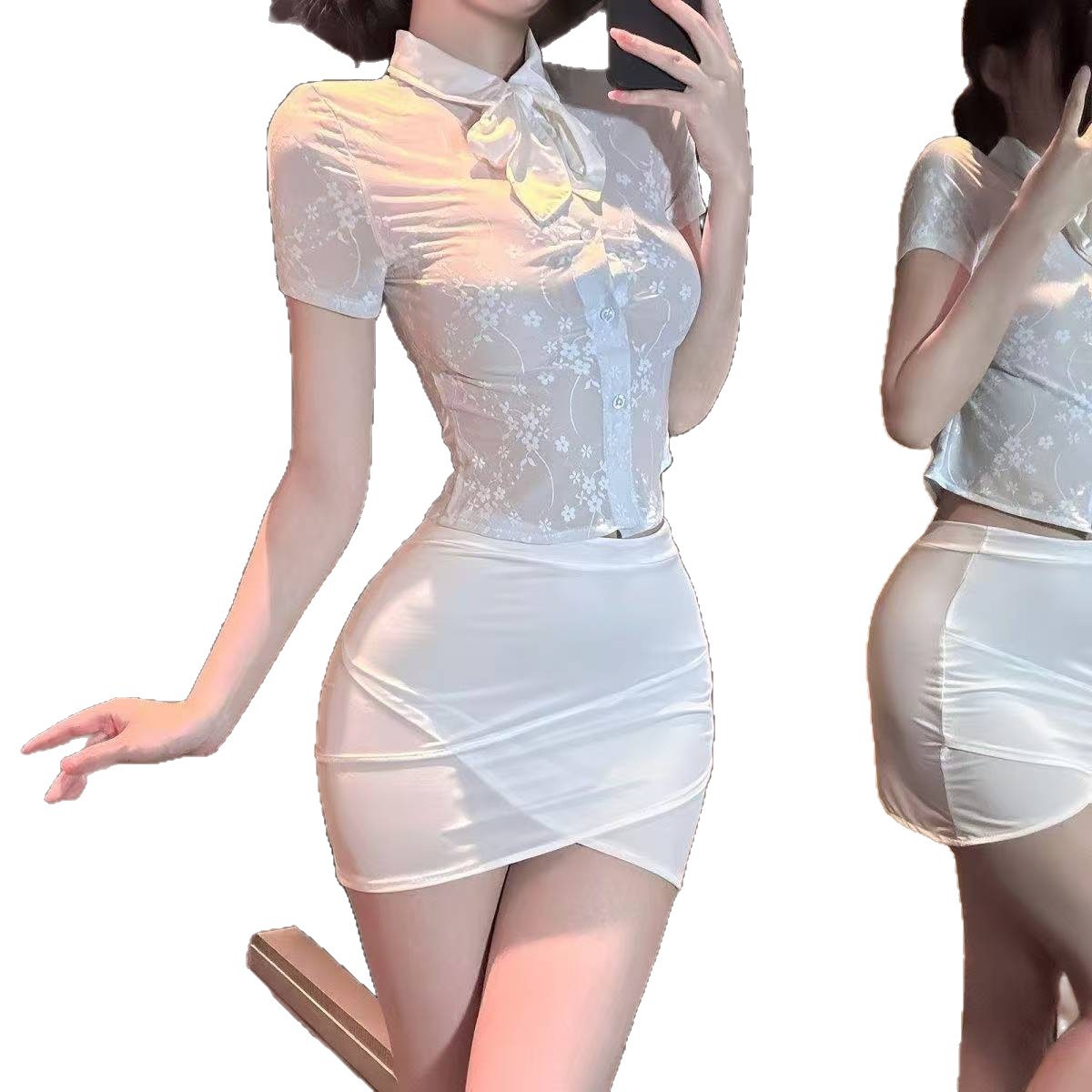 Secretary Roleplay Costume Set with Mesh Hip Skirt and White Bodystockings, Slim One Size - Image 5