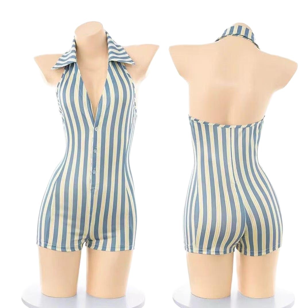 Plus-size Open-crotch Bodysuit, Deep V-neck Backless Striped Lingerie - Image 5