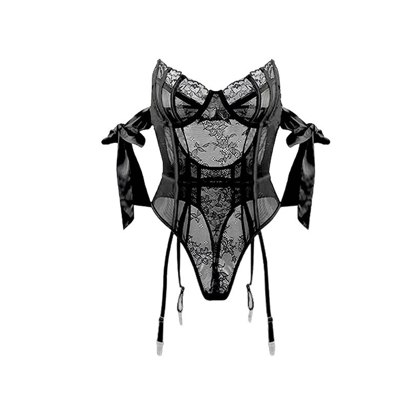 Lace Bodysuit with Garter Straps and Black Stockings, Sheer Intimate Apparel - Image 5
