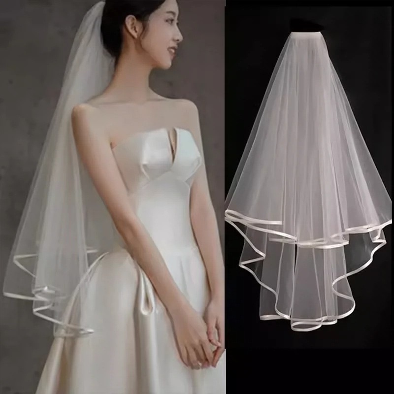 Bridal Wedding Veil with Pearl Accents, Medium Length, Studio Photography Ready - Image 2