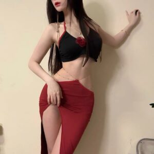Korean-Style Rose Secretary Costume Set with High-Slit Cheongsam Dress