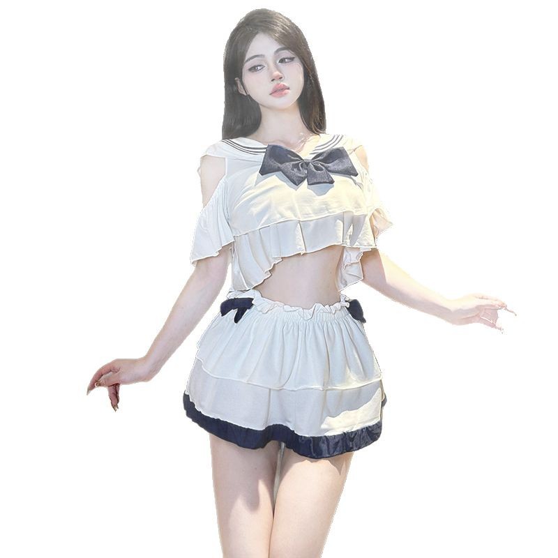 Sexy Cos Sexy Student Uniform Costume Set with Top, Skirt, Thong and Bow Stockings - Image 5