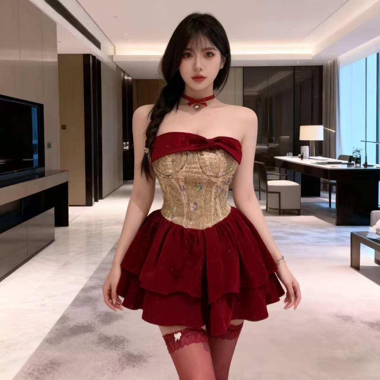 One-Shoulder French-Style Maid Costume Dress with Neck Ring, Waist-Cinching Puffy Mini Skirt - Image 4