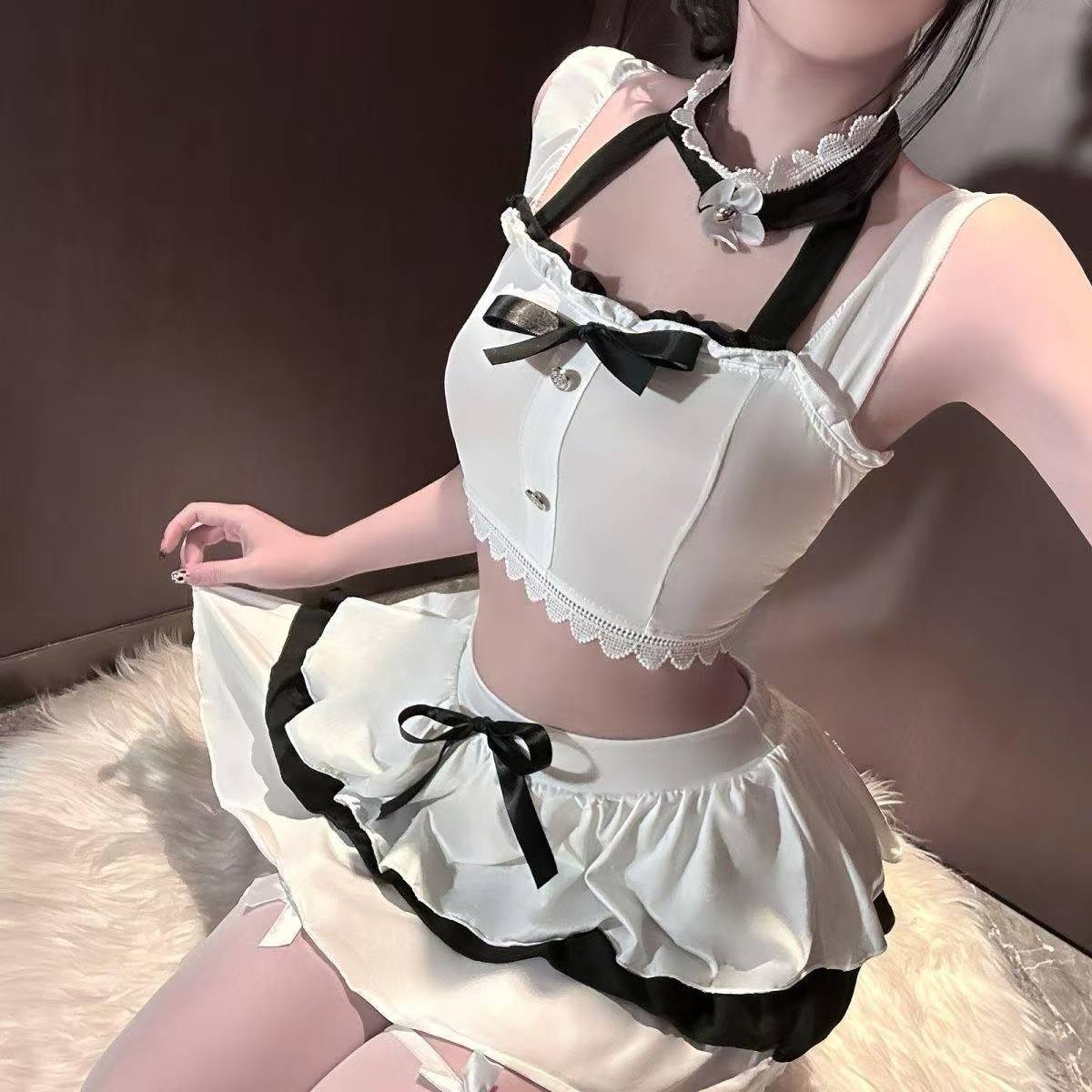 Sailor-Style JK Uniform Costume Set with Tube Top, Flutter-Sleeve Top and Bowknot Mini Skirt - Image 4