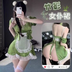 Chinese-Style Cheongsam Maid Costume Set with Green Bamboo Print, Halter Neck Dress, Apron and Thong