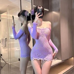 One-Shoulder Lace Mesh Mini Dress with Tear-Away Hip Skirt, Sheer Black Lingerie