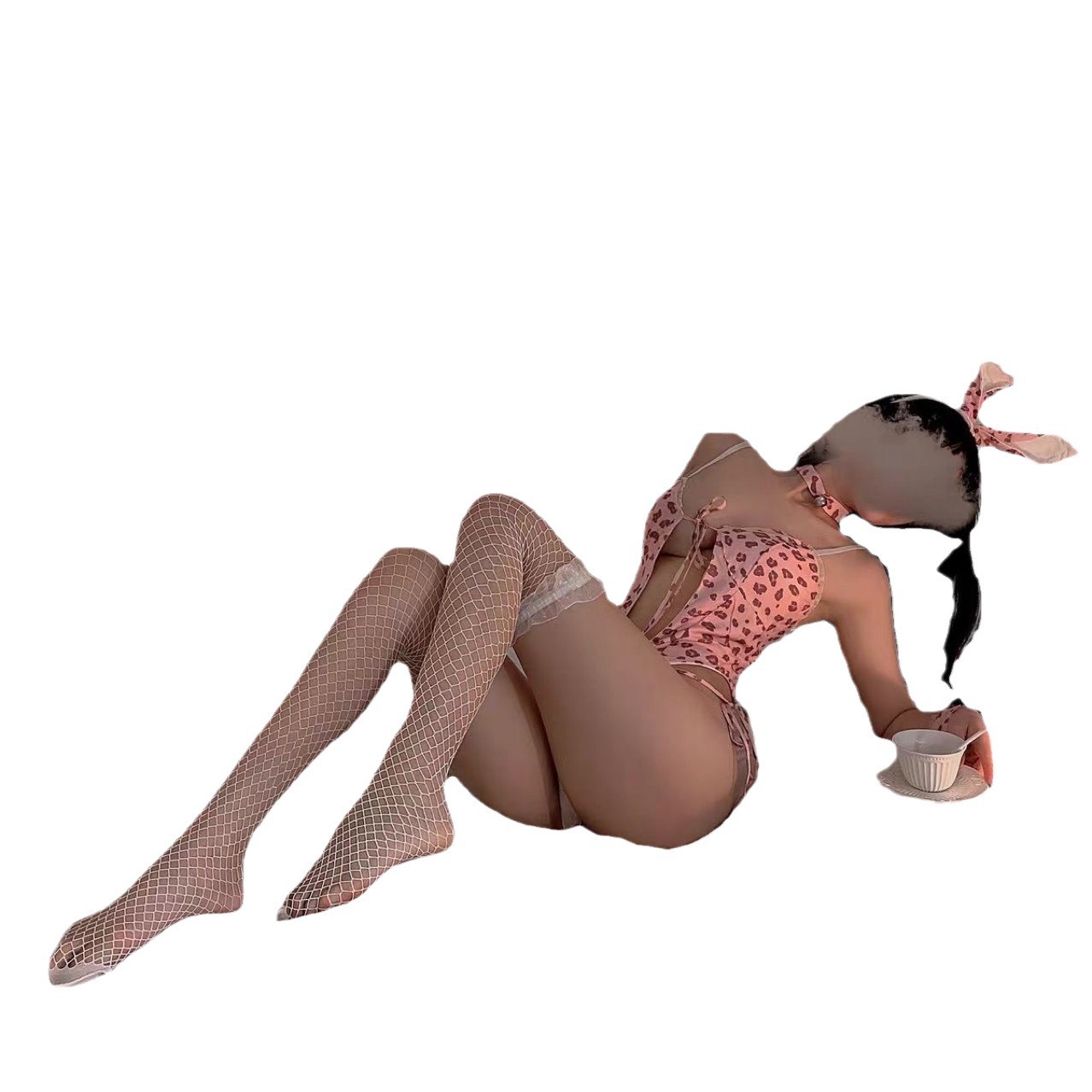 Leopard Print Bunny Costume Lingerie Set with Suspenders and Fishnet Stockings - Image 5