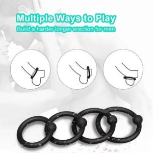 Silicone Four-Ring Locking Cock Ring, Physical Delay Ring for Men, Black